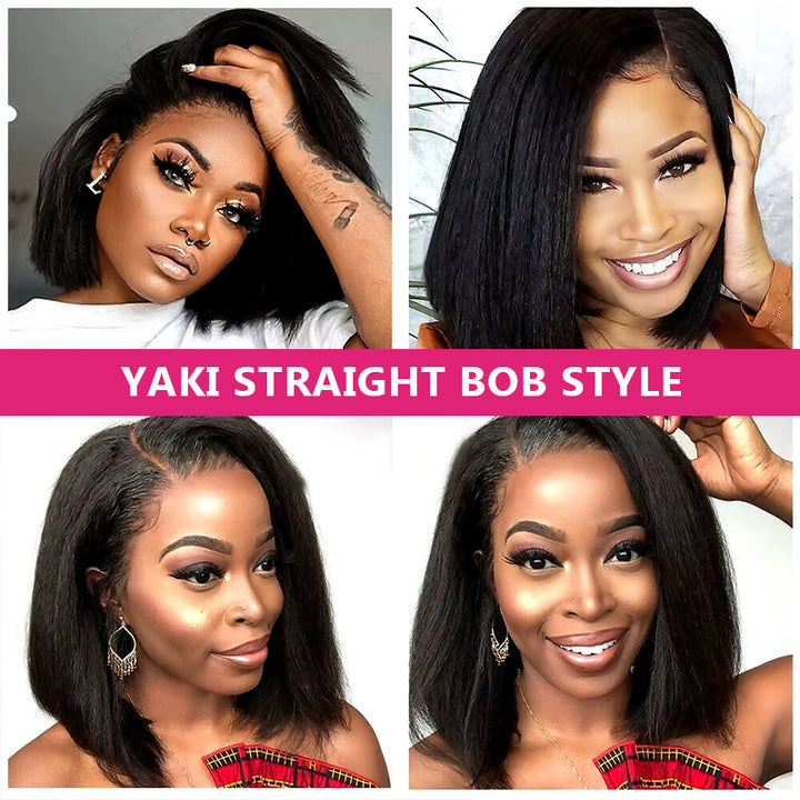 Allove Yaki Straight Bob Wig 13x4 Lace Front Ready To Wear Human Hair Bob Wigs For Women 180% Density