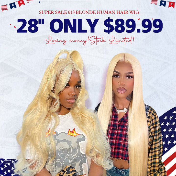 [ 70% OFF - No Code Needed] 28''= $89.99 613 Blonde Straight/ Body Wave 13*4*1 Lace Front Human Hair Wig 150% Density