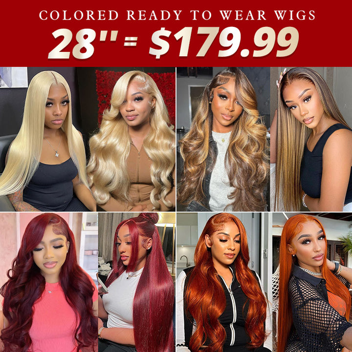 [50% OFF - No Code Needed] 28''= $179.99 Pre Cut & Pre Plucked & Bleached Knots Ready To Wear 13*4 Colored Lace Front Wigs 180% Density