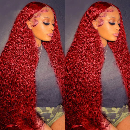 32Inch Hot Red Kinky Curly 13x4 Lace Front Human Hair Wigs With Pre Plucked Glueless Wig