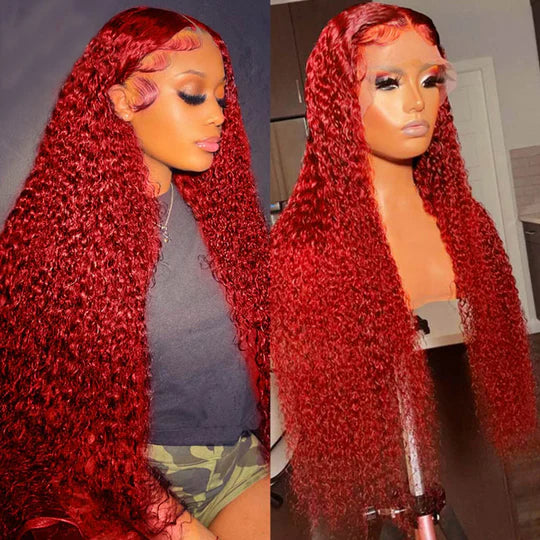 32Inch Hot Red Kinky Curly 13x4 Lace Front Human Hair Wigs With Pre Plucked Glueless Wig