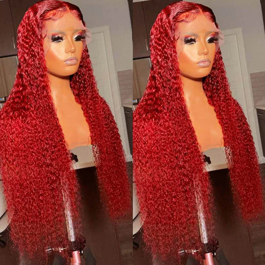 32Inch Hot Red Kinky Curly 13x4 Lace Front Human Hair Wigs With Pre Plucked Glueless Wig