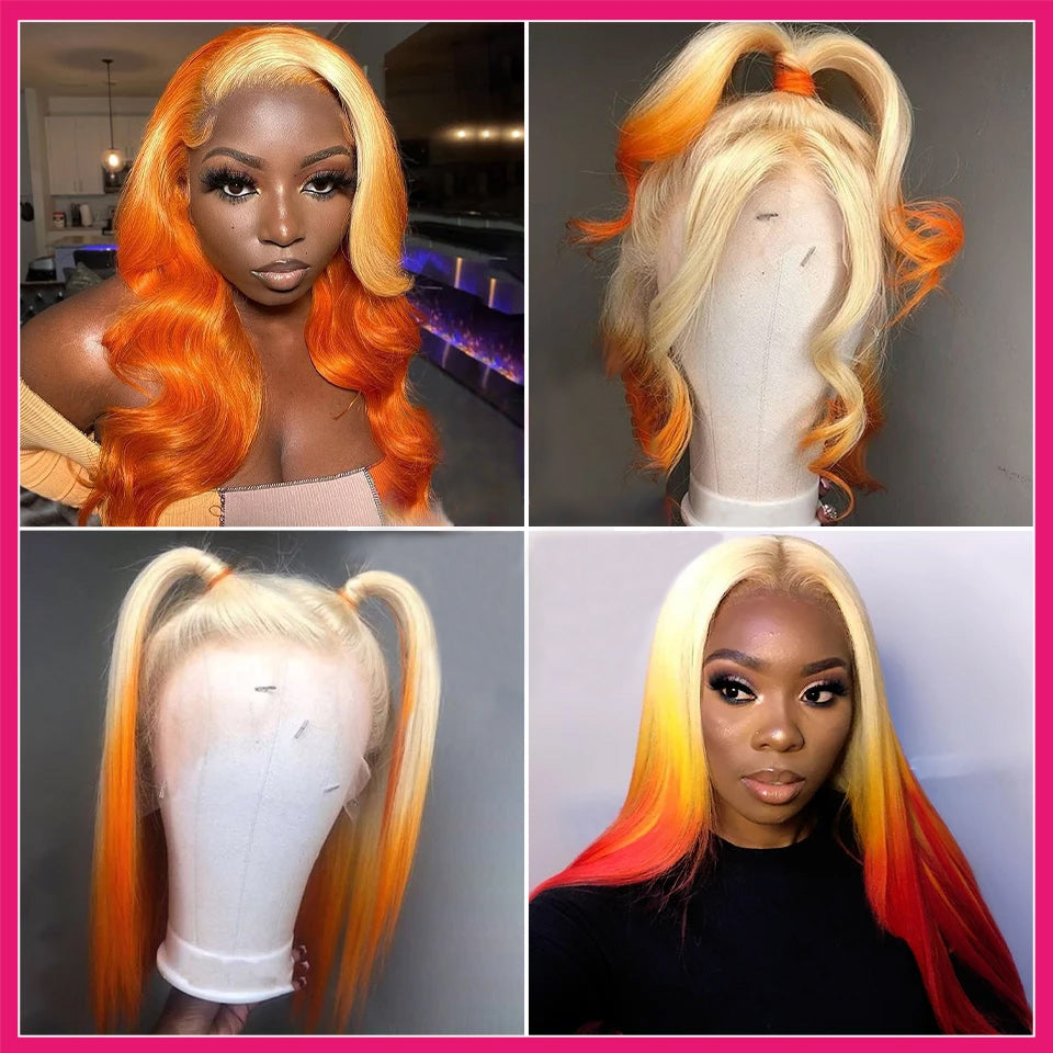 32 Inch Long Blonde Ginger Ombre Color Body Wave Human Hair Wig Pre-plucked 13x4 Transparent Lace Front Wig - AlloveHair