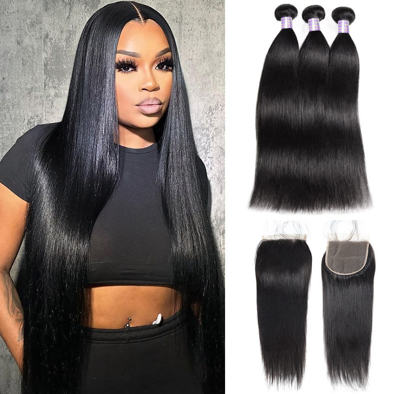 Introducing Allove Hair 5x5 HD Lace Closure with Bundles, featuring premium straight hair in a natural color. This sew-in extension set offers a seamless blend with your own hair, providing a flawless and natural look. Crafted from high-quality human hair, it guarantees durability and versatility, making it perfect for styling.