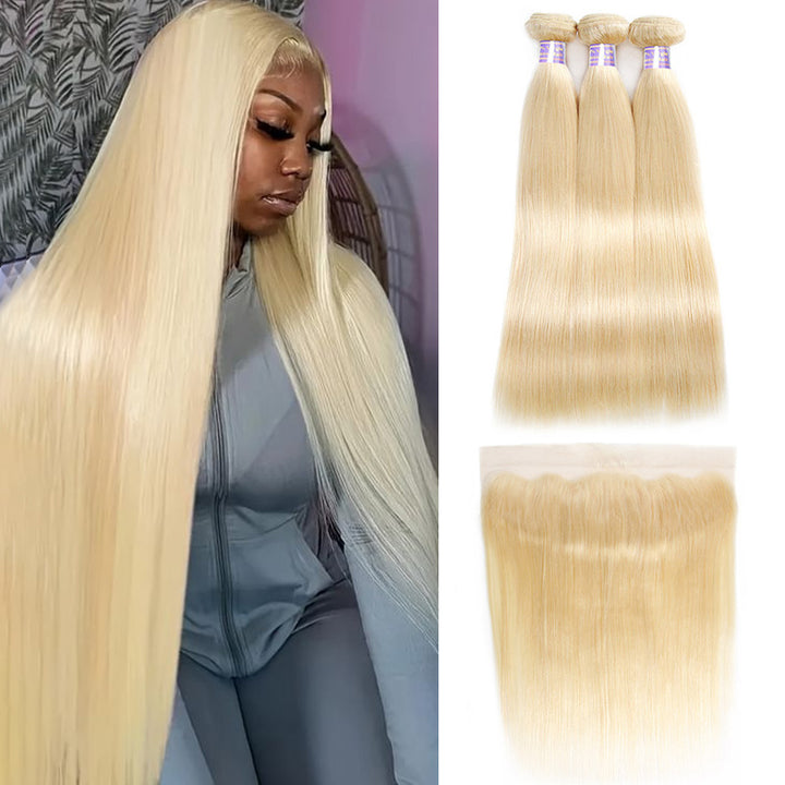 613 Blonde Straight Human Hair 3 Bundles with HD Transparent 13*4 Lace Frontal