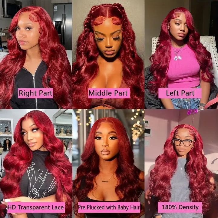 [ 30'' 200% Density= $199] 99J Burgundy Pre Cut & Pre Plucked & Bleached Knots Transparent HD Lace Ready To Wear Wigs