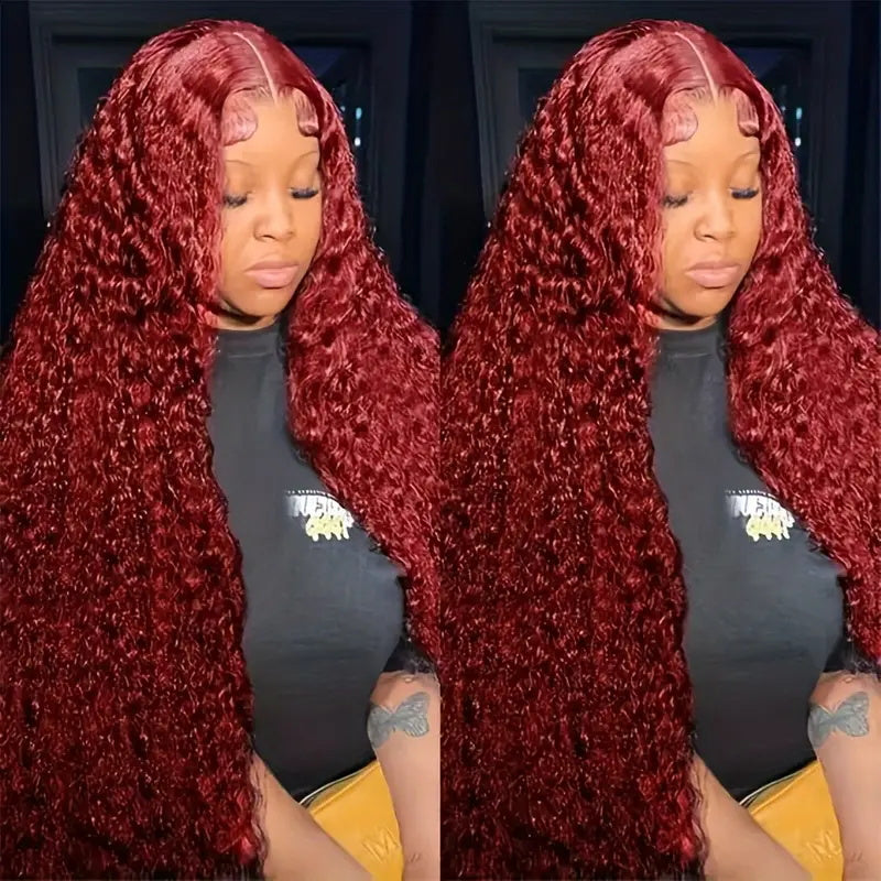 99J 13x6 Deep Wave Burgundy Lace Front Wigs Human Hair Transparent Lace Frontal Wigs 180% Density Pre Plucked Wigs