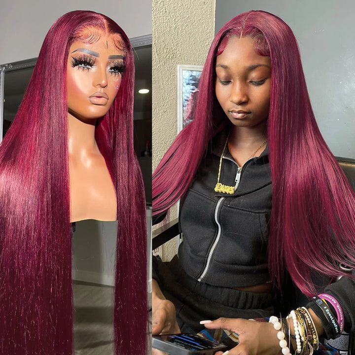 99j Burgundy Red Colored 13x6 Lace Front Human Hair Wigs For Women Straight Hair/Body Wave/Deep Wave Available