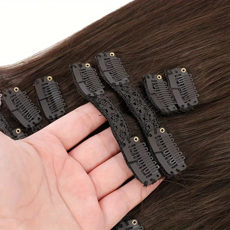 Allove Hair Straight Hair Clip In Hair Extensions 7 Pieces/Set 2# Dark Brown Color