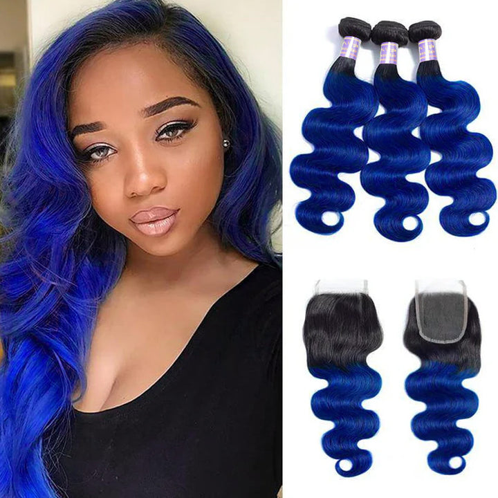 Allove 1B/Blue Colored Body Wave Human Hair 3 Bundles with 4x4 Lace Closure Ombre Human Hair Extension