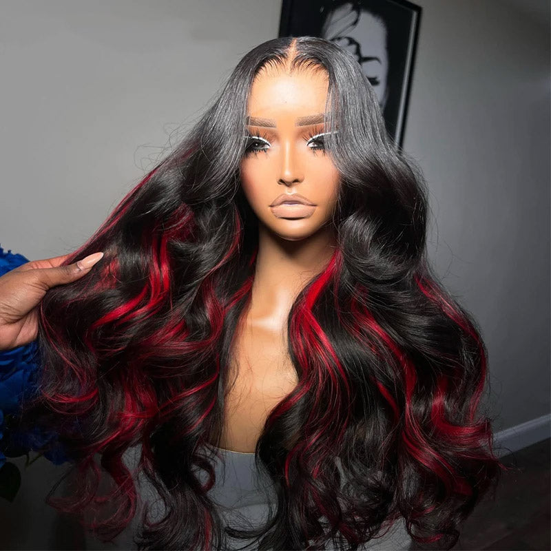 Allove Black With Red Colored Skunk Stripe 13x4 Body Wave Highlights Pre-cut Lace Frontal Wig with Pre-Plucked