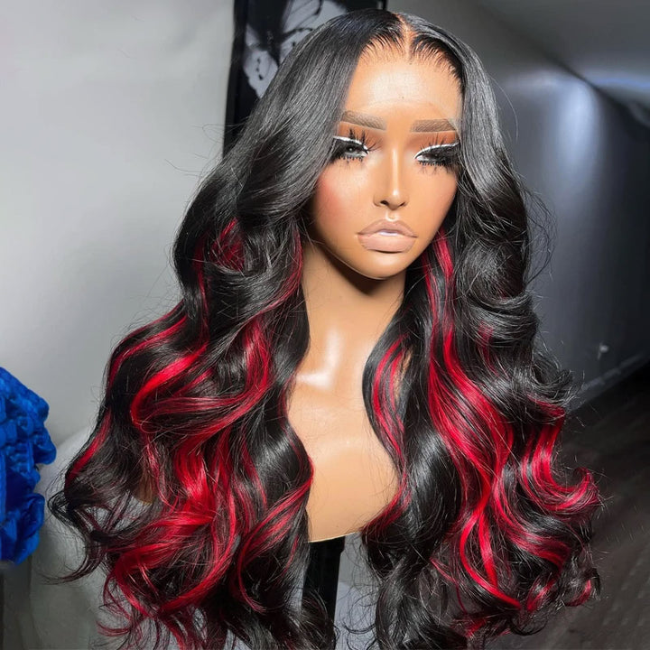 Allove Black With Red Colored Skunk Stripe 13x4 Body Wave Highlights Pre-cut Lace Frontal Wig with Pre-Plucked