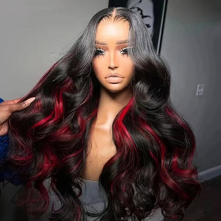 Allove Black With Red Colored Skunk Stripe 13x4 Body Wave Highlights Pre-cut Lace Frontal Wig with Pre-Plucked