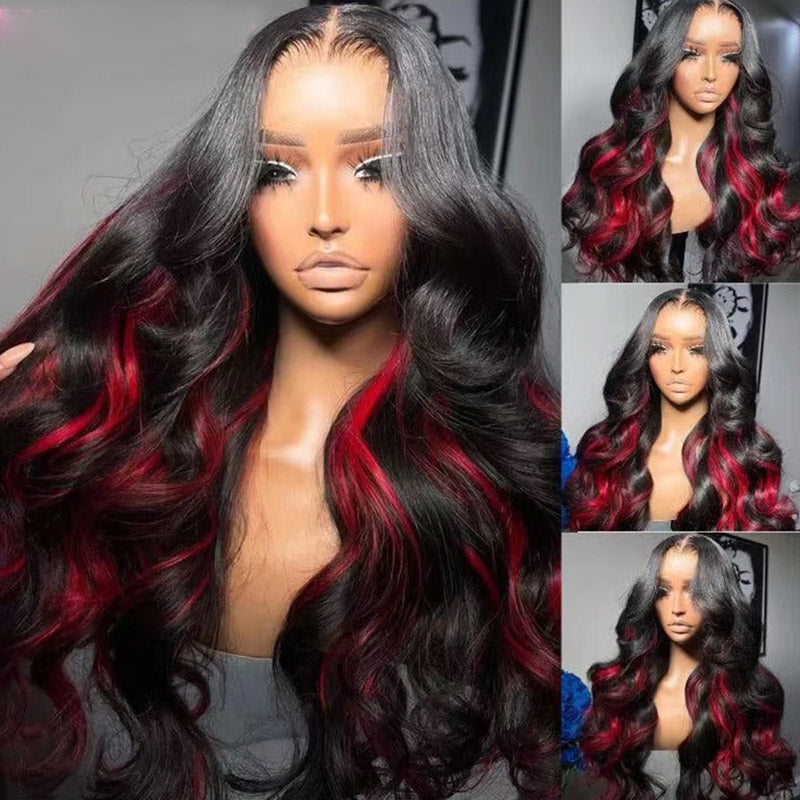 Allove Black With Red Colored Skunk Stripe 13x4 Body Wave Highlights Pre-cut Lace Frontal Wig with Pre-Plucked