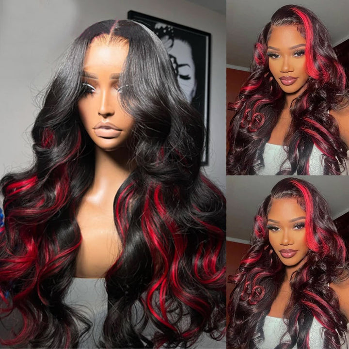 Allove Black With Red Colored Skunk Stripe 13x4 Body Wave Highlights Pre-cut Lace Frontal Wig with Pre-Plucked