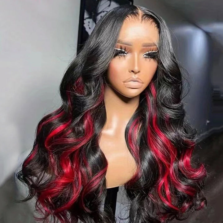 Allove Black With Red Colored Skunk Stripe 13x4 Body Wave Highlights Pre-cut Lace Frontal Wig with Pre-Plucked