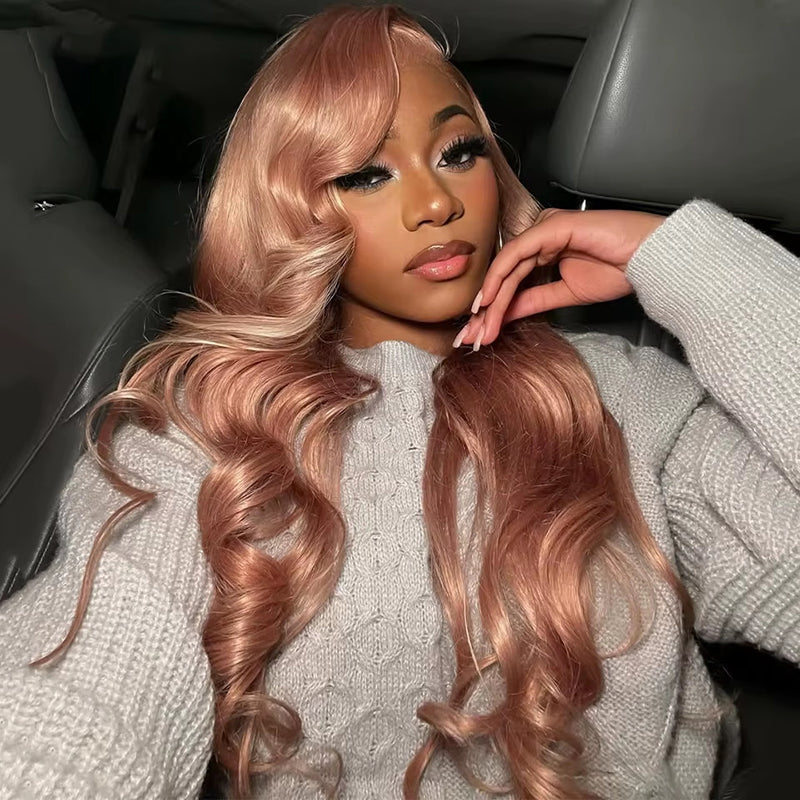 Allove Milk Tea Brown With Pink Blonde Highlight 13x4 HD Lace Front Body Wave Hair Wig 180% Density