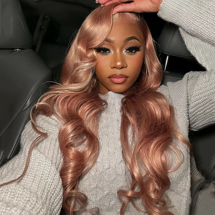 Allove Milk Tea Brown With Pink Blonde Highlight 13x4 HD Lace Front Body Wave Hair Wig 180% Density