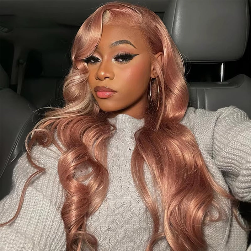 Allove Milk Tea Brown With Pink Blonde Highlight 13x4 HD Lace Front Body Wave Hair Wig 180% Density