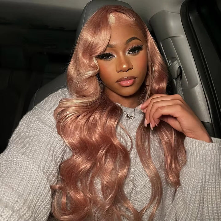 Allove Milk Tea Brown With Pink Blonde Highlight 13x4 HD Lace Front Body Wave Hair Wig 180% Density