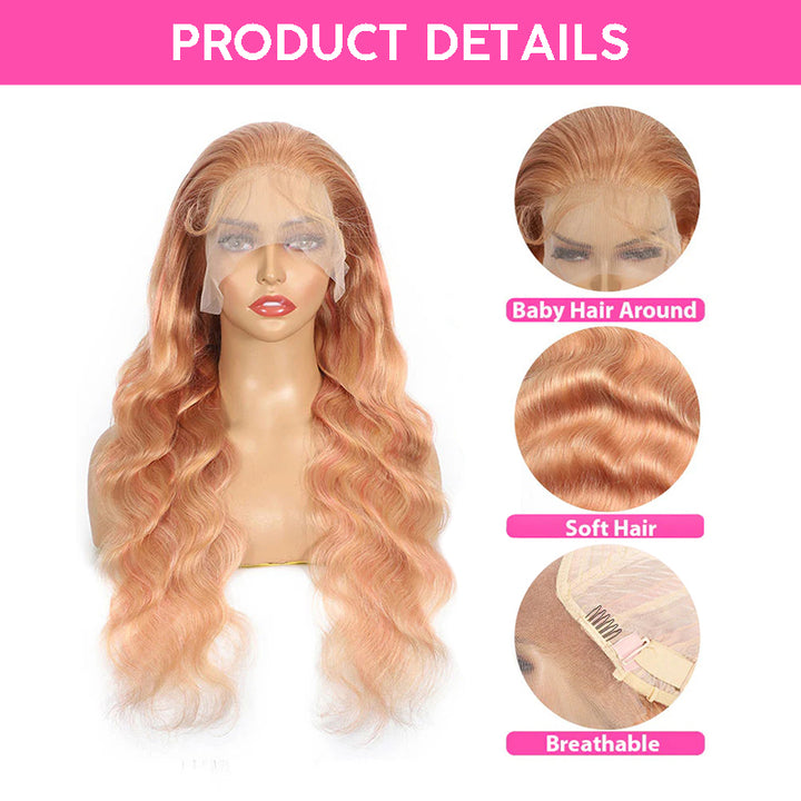 Allove Milk Tea Brown With Pink Blonde Highlight 13x4 HD Lace Front Body Wave Hair Wig 180% Density