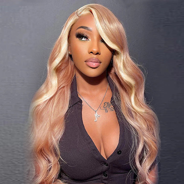 Allove Milk Tea Brown With Pink Blonde Highlight 13x4 HD Lace Front Body Wave Hair Wig 180% Density