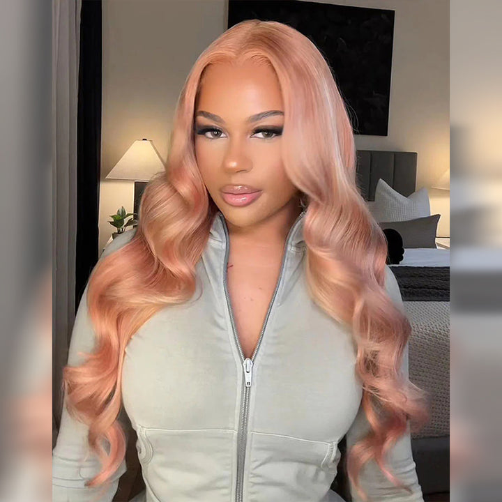 Allove Milk Tea Brown With Pink Blonde Highlight 13x4 HD Lace Front Body Wave Hair Wig 180% Density