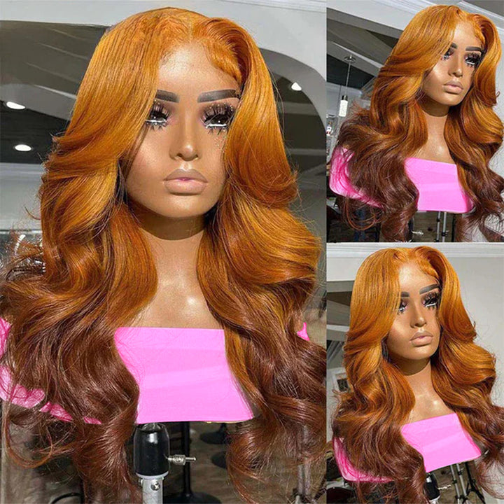 Allove Ombre Ginger Brown Colored 13x4 HD Full Lace Frontal Body Wave Wigs with Pre Plucked