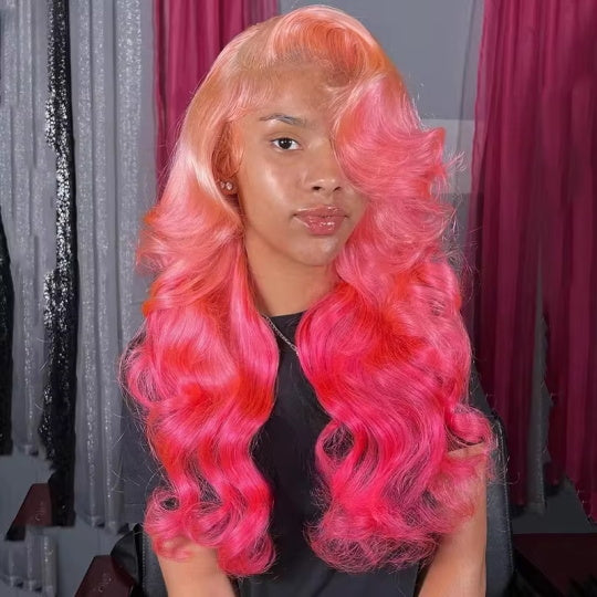 Allove Pink Color Body Wave 13x4 Lace Front Wig Pre-plucked Human Hair Wig Barbie Hair Style