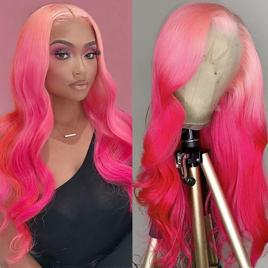 Allove Pink Color Body Wave 13x4 Lace Front Wig Pre-plucked Human Hair Wig Barbie Hair Style