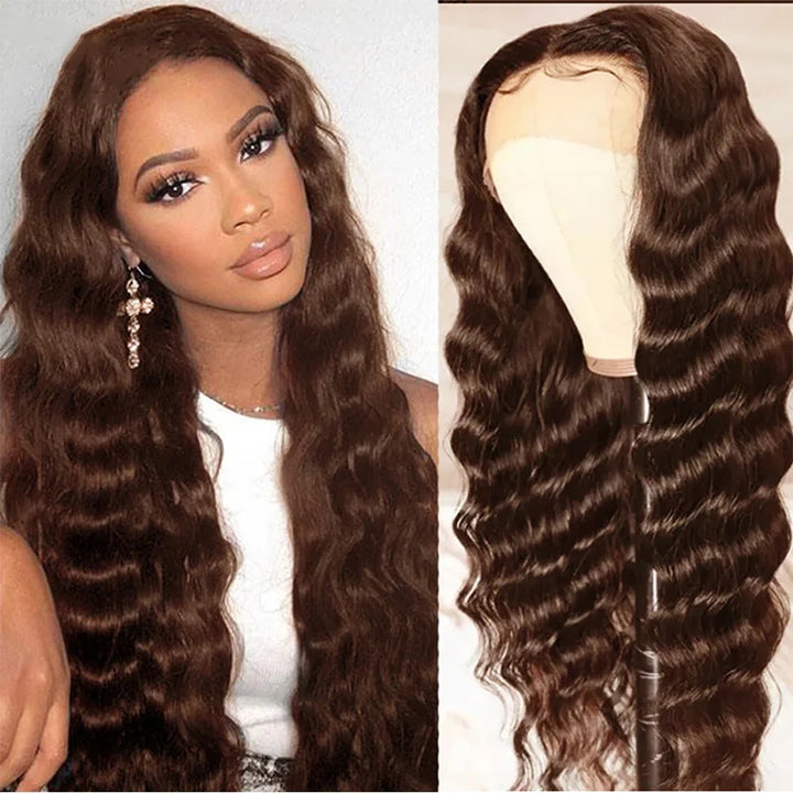 Allove #4 Chocolate Brown 13x6 Loose Deep Wave Transparent Lace Front Wigs Pre-cut & Bleached Knots Natural Hairline