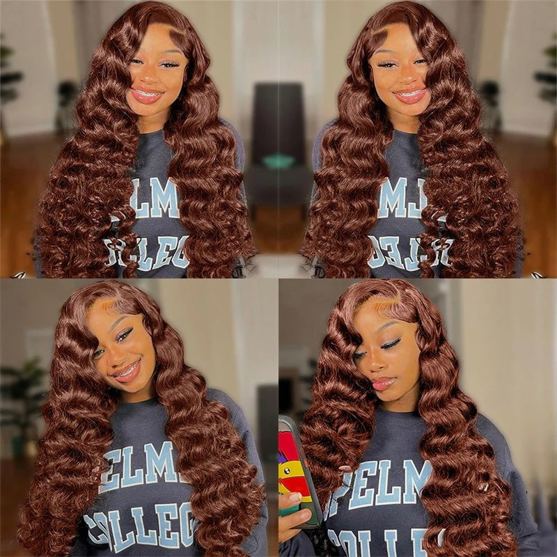 Allove #4 Chocolate Brown 13x6 Loose Deep Wave Transparent Lace Front Wigs Pre-cut & Bleached Knots Natural Hairline