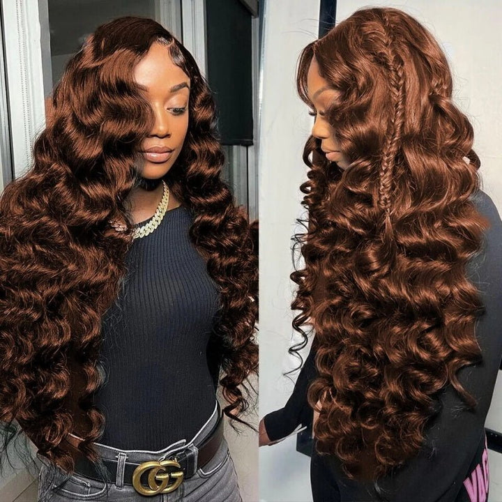 Allove #4 Chocolate Brown 13x6 Loose Deep Wave Transparent Lace Front Wigs Pre-cut & Bleached Knots Natural Hairline