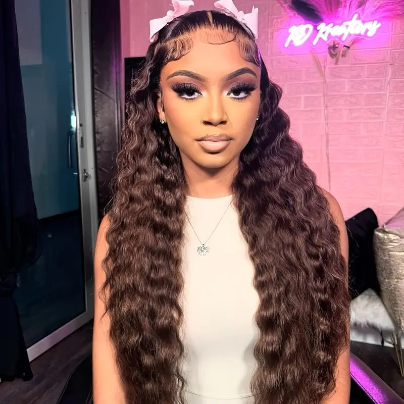 Allove #4 Chocolate Brown 13x6 Loose Deep Wave Transparent Lace Front Wigs Pre-cut & Bleached Knots Natural Hairline