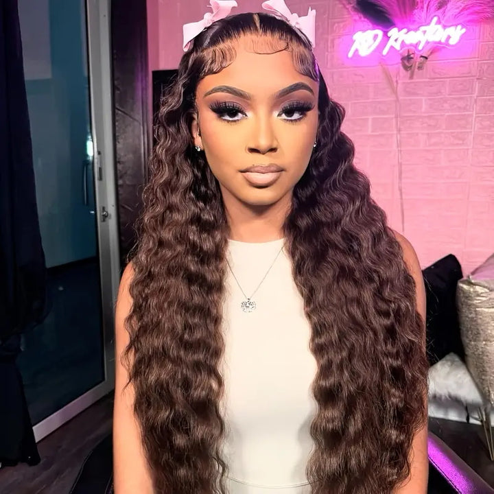 Allove #4 Chocolate Brown 13x6 Loose Deep Wave Transparent Lace Front Wigs Pre-cut & Bleached Knots Natural Hairline