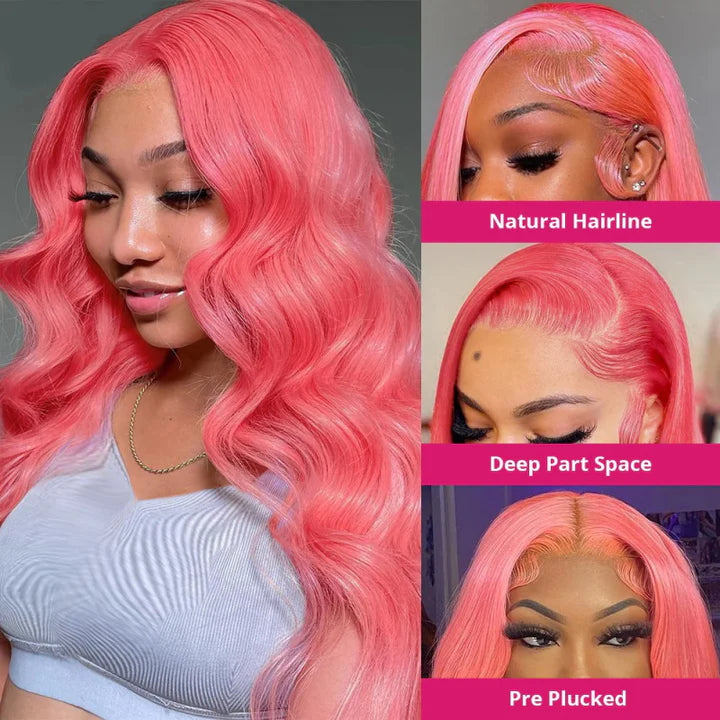 Allove Hair 30 Inch Pink Colored 13x4 HD Glueless Lace Front Wig Body Wave Barbie Hairstyle