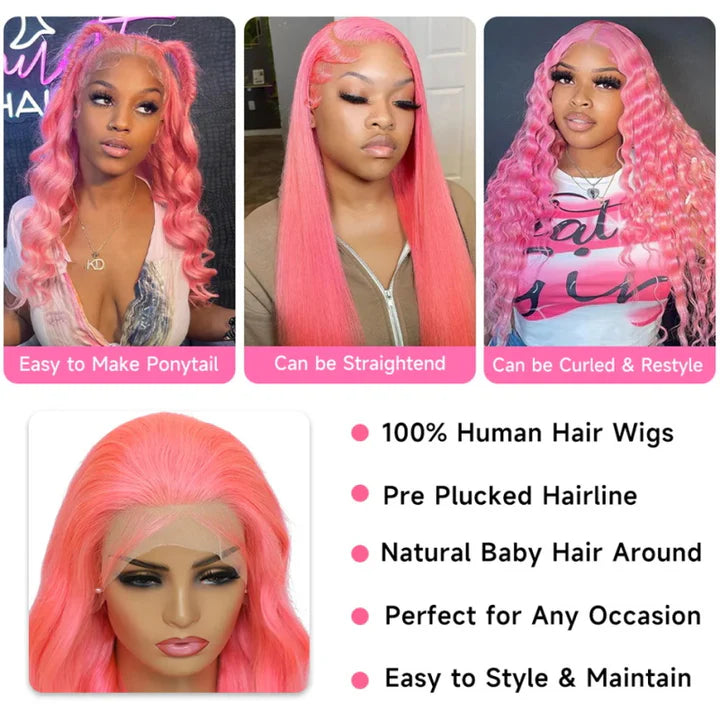 Allove Hair 30 Inch Pink Colored 13x4 HD Glueless Lace Front Wig Body Wave Barbie Hairstyle