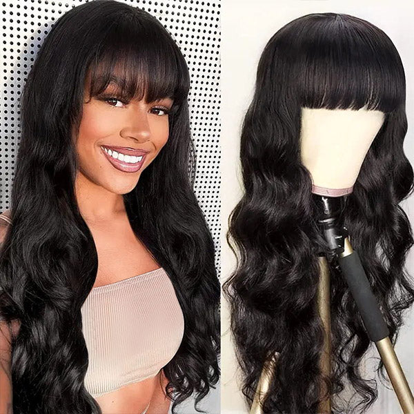 Introducing the Allove Hair Bangs Wig, featuring luxurious body wave hair for a stunning, voluminous look. This glueless wig is crafted from 100% human hair, ensuring a natural appearance and comfortable wear.