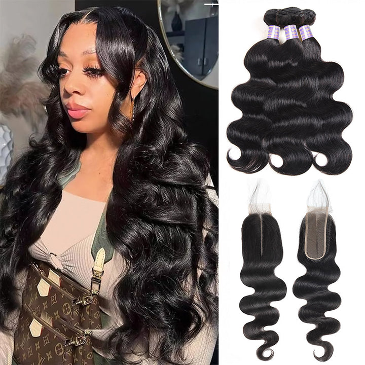 Brazilian Body Wave 3 Bundles with 2x6 HD Lace Deep Part Closure Virgin Human Hair