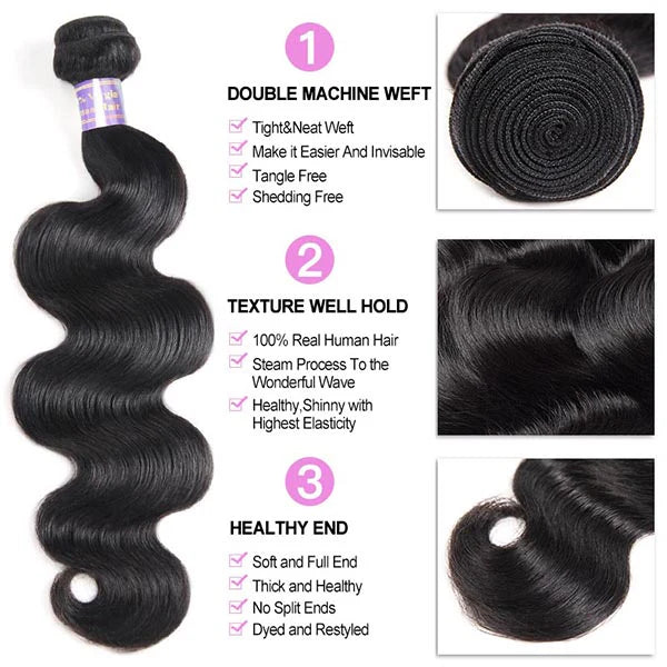 Brazilian Body Wave 3 Bundles with 2x6 HD Lace Deep Part Closure Virgin Human Hair