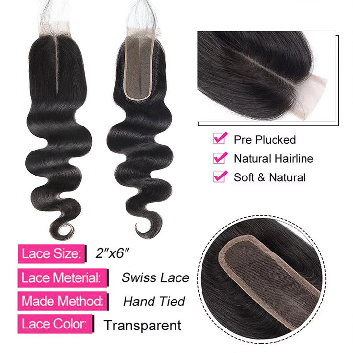 Brazilian Body Wave 3 Bundles with 2x6 HD Lace Deep Part Closure Virgin Human Hair