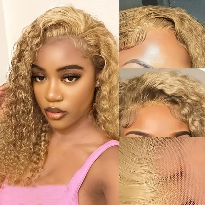 #27 Honey Blonde Curly Hair 13*4 Hd Lace Front Human Hair Wig With Pre Plucked