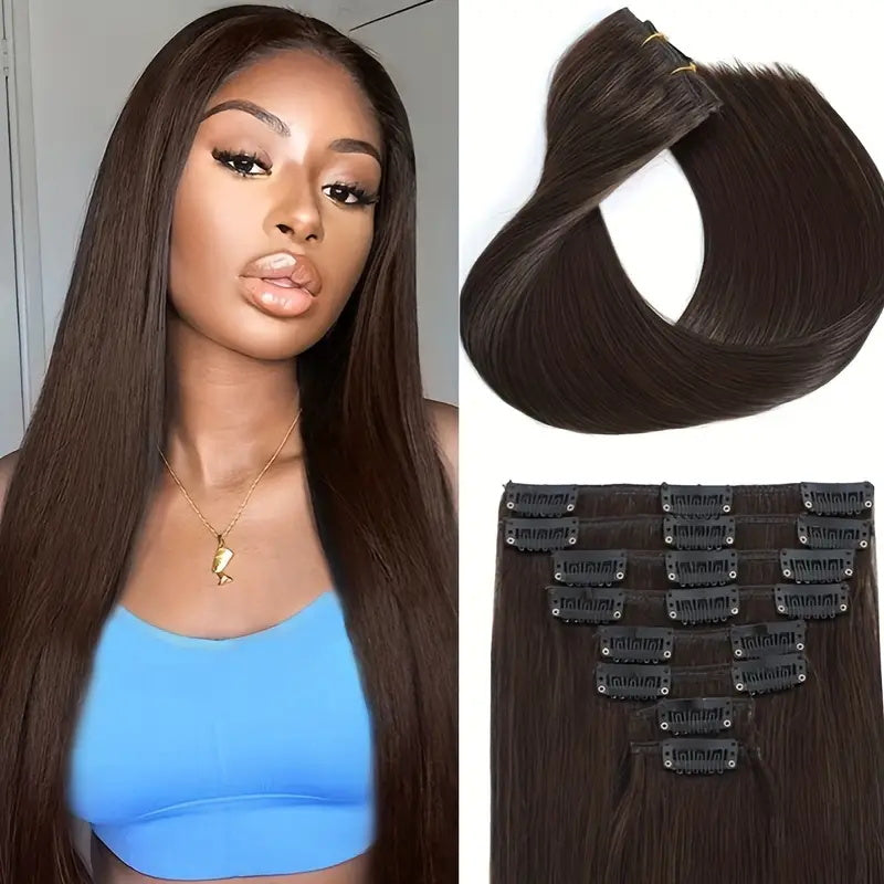 Enhance your natural beauty with Allove Hair's clip-in human hair extensions in a gorgeous #2 brown color and sleek straight hair texture. Made from high-quality human hair, our clip-ins are easy to install and blend seamlessly with your own hair for added length and volume.