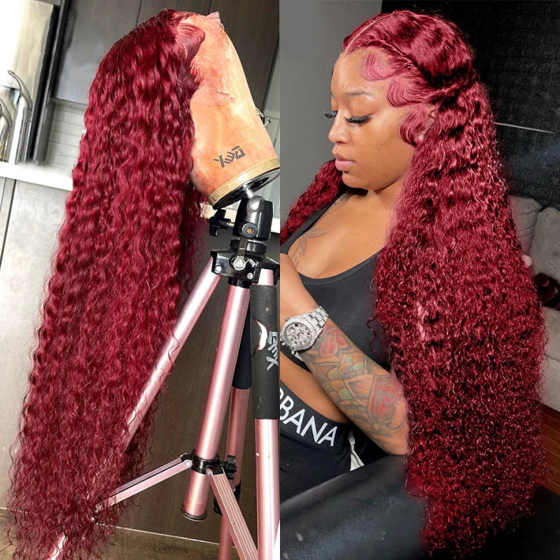 99J 13x6 Deep Wave Burgundy Lace Front Wigs Human Hair Transparent Lace Frontal Wigs 180% Density Pre Plucked Wigs