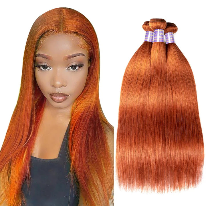 Achieve a vibrant look with Allove Hair's Ginger Hair Human Hair Bundles. These straight hair bundles are crafted from premium human hair and feature a double weft design for added volume and durability, making them perfect for a seamless sew-in application.