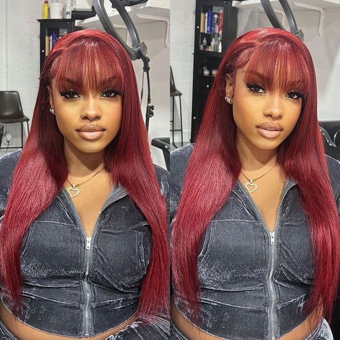 Introducing the Allove Hair Glueless Bangs Wig in a striking #99J burgundy color, designed for those who want to make a bold statement. This straight hair wig features an easy-to-wear glueless design, ensuring comfort and convenience without compromising on style.