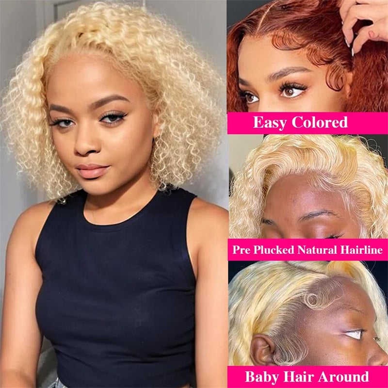 Allove Hair #613 Blonde Wig Curly Short Bob Wig 180% Density 4x4 Closure 13x4 Lace Front Wig