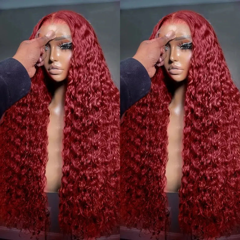 99J 13x6 Deep Wave Burgundy Lace Front Wigs Human Hair Transparent Lace Frontal Wigs 180% Density Pre Plucked Wigs