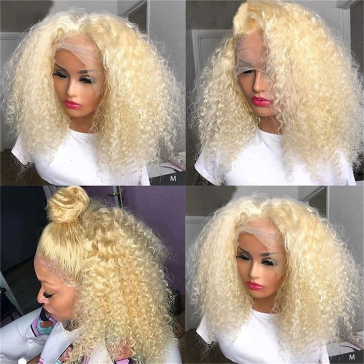 Allove Hair #613 Blonde Wig Curly Short Bob Wig 180% Density 4x4 Closure 13x4 Lace Front Wig