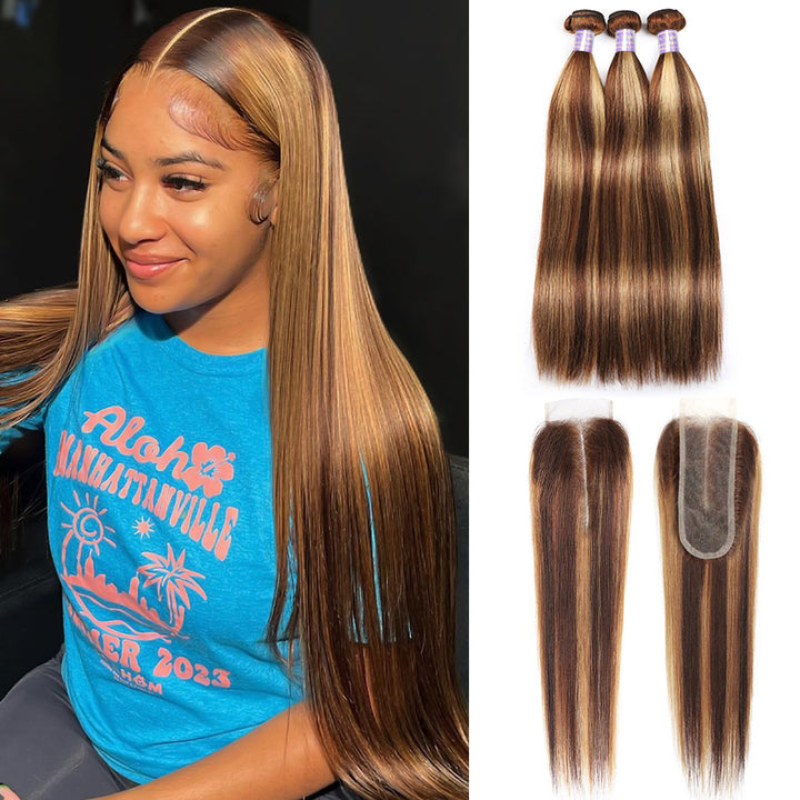 Honey Blonde Brazilian Highlight Straight Hair 3 Bundles With 2x6 Lace Closure